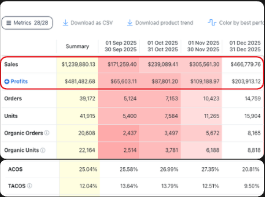 Amazon analytics dashboard showing monthly sales rising from $171,259 to $466,779 and profit rising from $65,603 to $203,913.