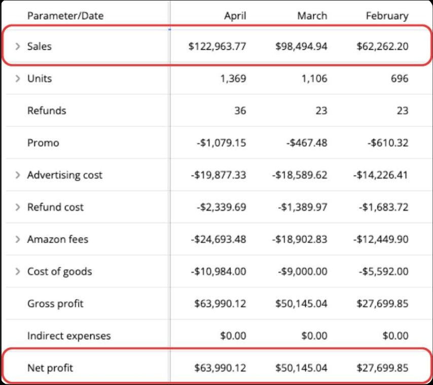 Amazon performance table showing sales increasing from $62,262 to $122,963 and net profit increasing from $27,699 to $63,990.
